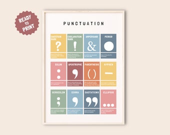 May include: A colorful printable chart with the title "Punctuation" and illustrations of different punctuation marks, including question mark, exclamation point, ampersand, period, colon, apostrophe, parenthesis, hyphen, semicolon, comma, quotation marks, and ellipsis.