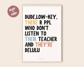 May include: A framed digital print with the text "DUDE, LOW-KEY, THERE R PPL WHO DON'T LISTEN TO THEIR TEACHER AND THEY'RE DELULU" in black, yellow, blue, and orange. The words are centered on a white background.