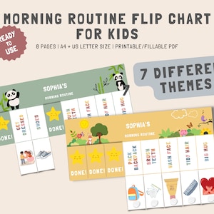 May include: A printable flip chart for kids with 7 different themes. The chart features a panda and a butterfly design. The chart is designed to help kids learn their morning routine. The chart includes activities like getting dressed, brushing teeth, and packing a backpack.
