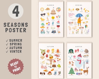 May include: Four colorful posters with illustrations of activities and objects associated with each of the four seasons: summer, spring, autumn, and winter. Each poster has the season name at the top and includes a list of words below the illustrations.