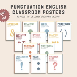 Satzzeichen Poster Set von 12, Englische Klassenzimmer Poster, Klassenzimmer Dekor, Englische Klassenzimmer Dekor, Satzzeichen Lernposter Bundle