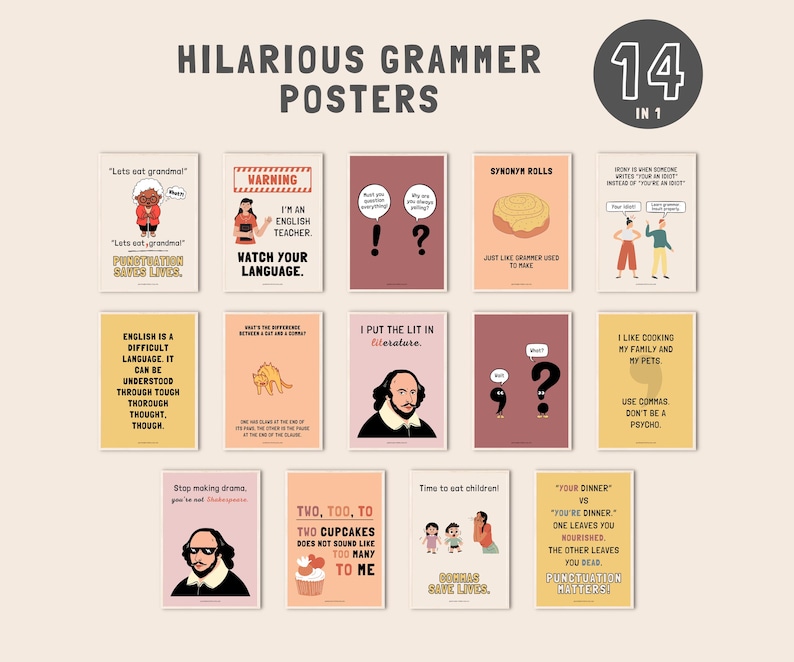 Puede incluir: Un conjunto de 14 p&oacute;sters imprimibles con consejos de gram&aacute;tica humor&iacute;sticos. Los p&oacute;sters presentan ilustraciones de Shakespeare y otros personajes. Los p&oacute;sters son de varios colores, incluyendo rosa, amarillo y marr&oacute;n.