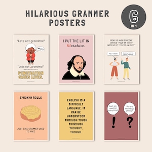 Lustiges Englisch-Klassenzimmer-Poster (6er-Set), Grammatik-Zeichensetzungs-Poster-Dekor, englischsprachiges Kunst-Dekor, Lernposter für Kinder