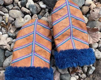 Bark Tanned Deerskin & Blue Shearling Mittens