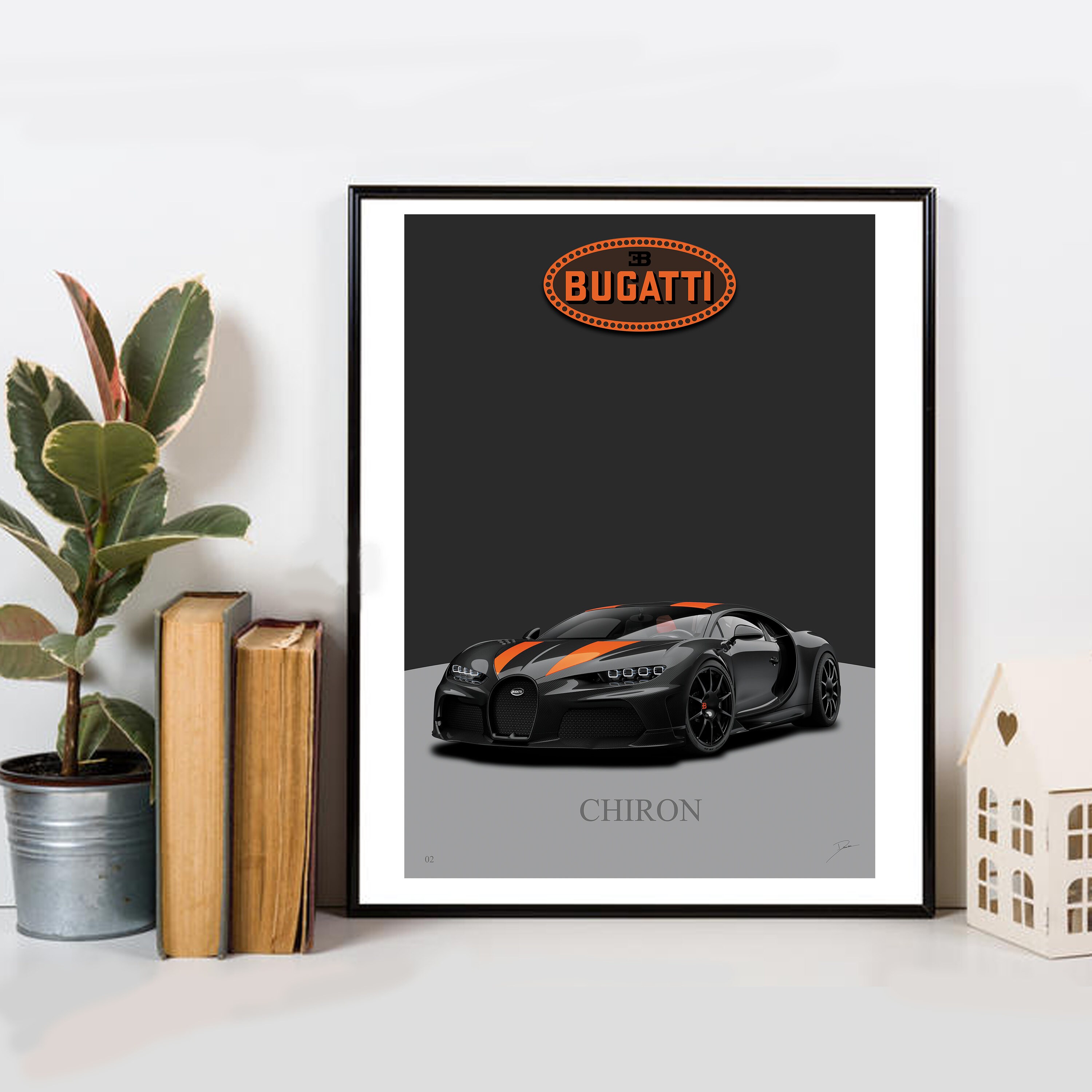 Bugatti Chiron Super Sport 300 Black and Orange Wall Art Print Minimalist  Garage Range Front View 