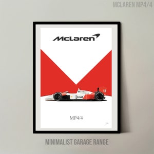 May include: A minimalist poster featuring a white and red colour scheme with a black and white illustration of a McLaren MP4/4 race car. The poster includes the McLaren logo and the text "MP4/4".