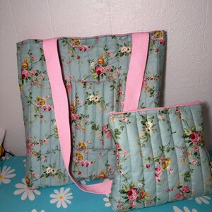 Handmade Quilted Tote Bag and Makeup/accessory Pouch Set –  Floral Print