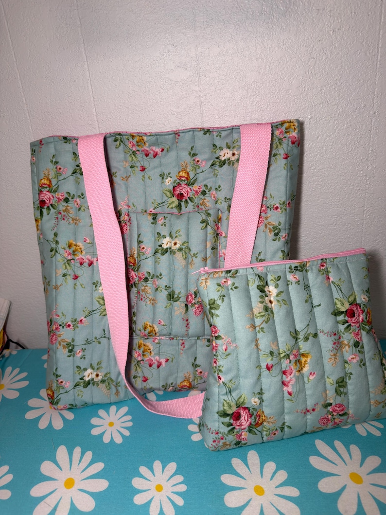 Handmade Quilted Tote Bag and Makeup/accessory Pouch Set –  Floral Print