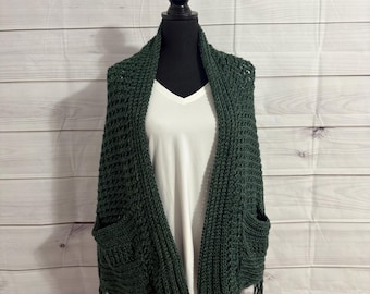 Handmade Crochet Pocket Shawl with Fringe – Cozy, Soft & Stylish