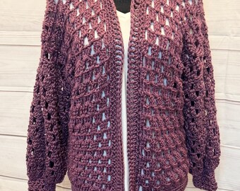 Handmade Crochet Open-Weave Cardigan Sweater – Lightweight Boho Layering Jacket – Plum