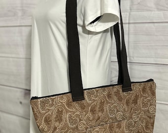 Large Zippered Tote Bag: Lined Paisley Shoulder Bag (18”x16”x3)