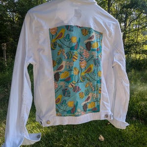 Upcycled White Jean Jacket with Blue Boho print