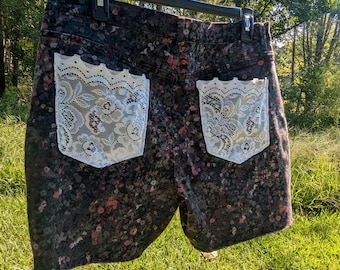 Handmade Reworked up Cycled Lace Trim Jean Shorts Denim Boho