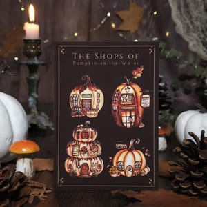 Impression d’art, carte, illustration aquarelle - "Les boutiques de Pumpkin-on-the-water"