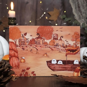 Impression d’art, carte, illustration aquarelle - "Bienvenue à Pumpkin-on-the-water"