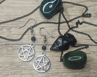 Onyx-Schmuckset, Pentagramm-Halsband-Ohrringe