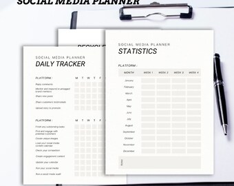 May include: A black and white printable social media planner with sections for daily tracking and statistics. The daily tracker section includes a checklist of tasks to complete each day, such as replying to comments, sharing new posts, and uploading stories. The statistics section includes a calendar for tracking weekly and monthly performance.
