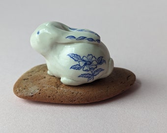 Polymer Clay Miniature Rabbit in Blue Floral