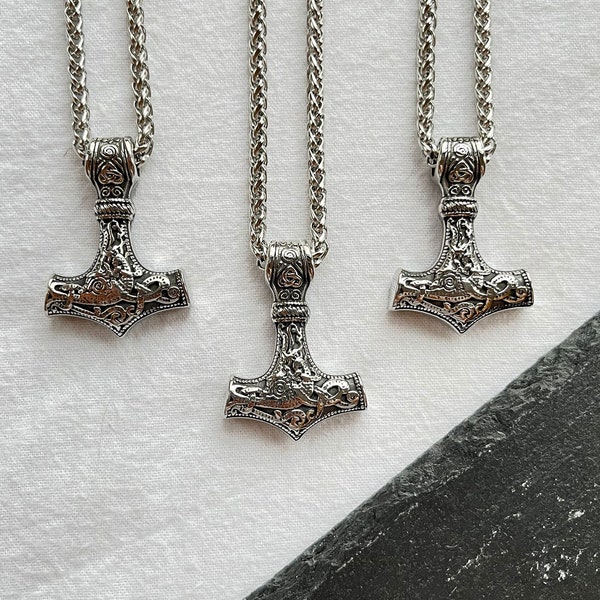 Norse viking hammer pendant. Steel Thors hammer necklace with thick chunky chain. Mjolnir. Nordic gothic vintage design. 24 Inch chain.