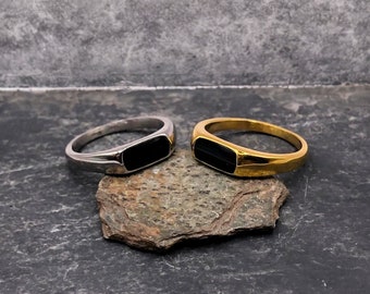 Thin-line Mens stainless steel black onyx crystal signet ring. Skinny Silver band, 18K Gold, high grade stainless steel.