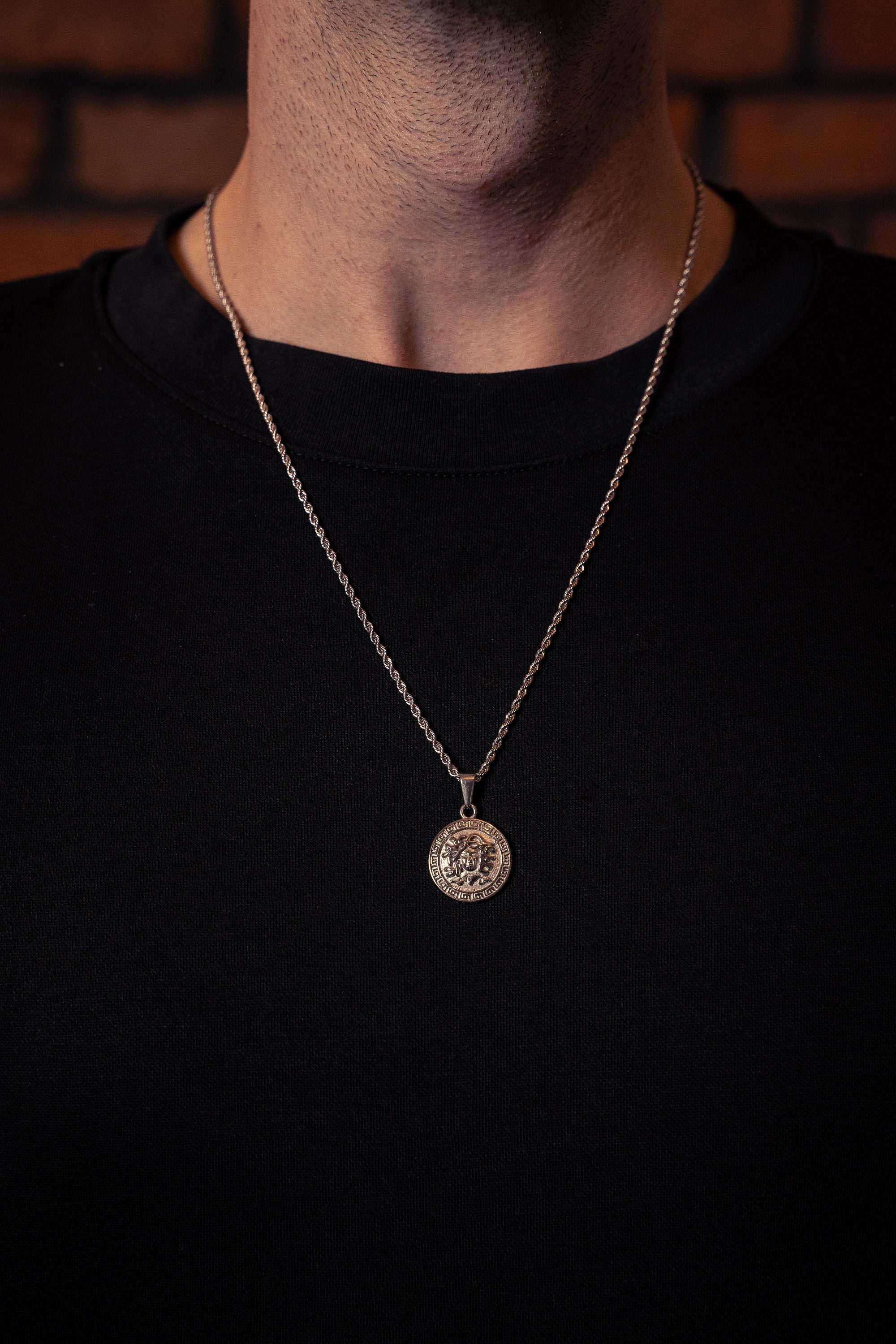 Silver gold Medusa head coin pendant necklace. Stainless steel 18k Gold plated pendant. Gifts for him. 20 24 inch rope chain available. Etsy