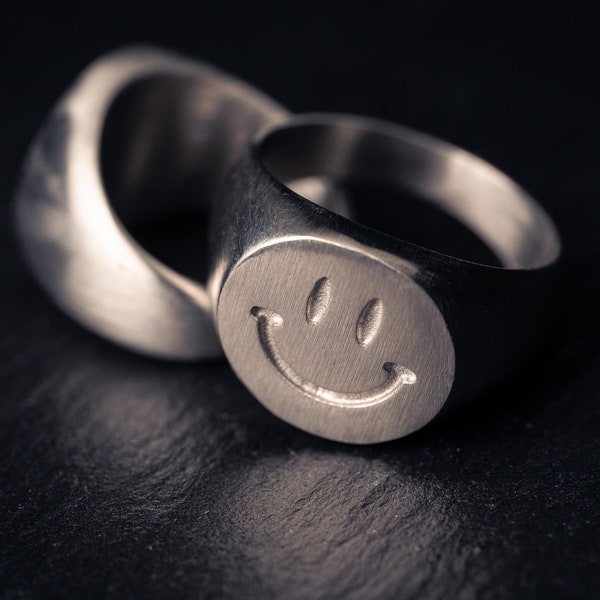 Silver Smiley Signet ring. Mens Rave signet rings stainless steel. Alternative grunge jewellery. 100% water and heat proof, Never rusting.