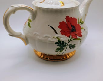 Ellgreave Wood & Sons English Ironstone Teapot Gold Gild Poppy