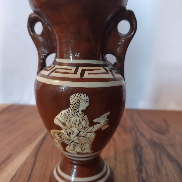 Vintage Hand Painted Made in Greece Wood Look Petite Ceramic Vase