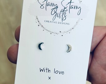 Tiny Crescent Moon Stud Earrings - Mounted on Beautiful Message Card. Silver Plated Hypoallergenic 3mm Tiny Dainty Stackable Studs