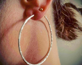 Birthday / Christmas / Hammered Large Solid Silver Handmade Statement Hoops