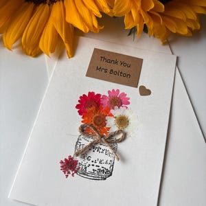 Carte de remerciement personnalisée pour professeur, fleurs pressées, fleurs pressées, cartes vierges, cartes de vraies fleurs, carte faite main, cadeau pour professeurs