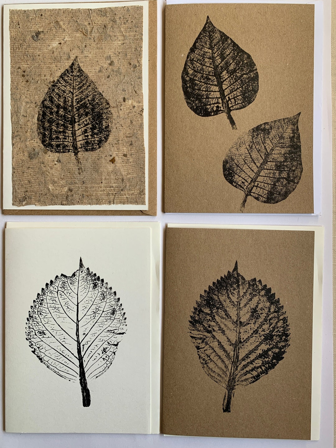Set of 4 Handmade Mixed Leaf Printed Greeting Cards, Mono Print Cards ...