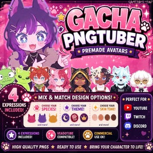 以下が含まれることがあります： 紫色の髪のキャラクター、7種類のちびスタイルのクリーチャーイラスト、種族・テーマ・肌のトーンを選択するためのテキストオプションが記載された、Gacha PNGtuberプレメイドアバターのデジタル広告グラフィック。