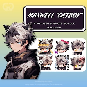 May include: A digital illustration of a young man with black and white hair, wearing a black and white jacket with cat ears. The image includes a set of 6 animated emotes featuring the same character with different expressions, including "Success", "No Way", "Hahaha", and "Target Acquired".