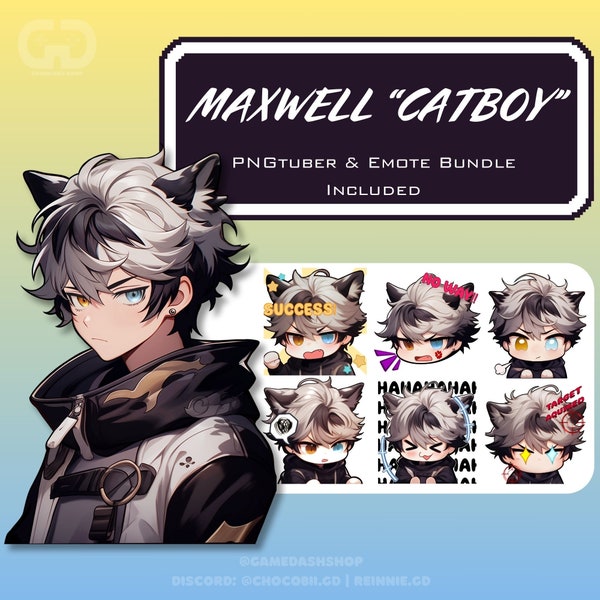 PNGTuber Maxwell Catboy WITH EMOTE SET | VTuber Avatar For Gaming Streaming | Premade Png Tuber | Discord Twitch Game Streamer Emotes