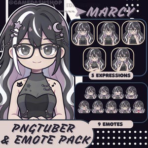 May include: A PNGTuber and Emote Pack featuring a cartoon character named Marcy. The character has black hair with white and purple highlights, glasses, and various expressions. The pack includes 5 expressions and 9 emotes.