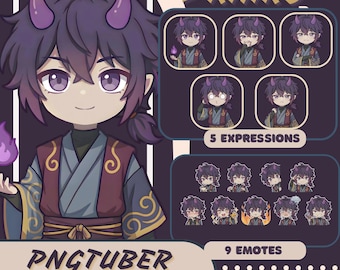 PNGtuber Avatar + Emote Pack – Kairo Anime Chibi Premade for Twitch & Discord