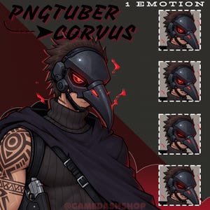 Puede incluir: Ilustración digital de un personaje con una máscara de cuervo negro con ojos y acentos rojos brillantes. El personaje viste ropa negra y tiene tatuajes en el brazo. El texto "PNGTUBER CORVUS" se muestra en la parte superior.