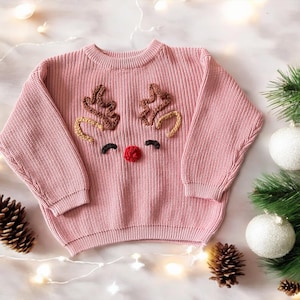 Reindeer Baby Sweater Custom Baby Name Sweater Oversized Chunky Kids Sweatshirt Baby Announcement Baby Shower Gift Christmas Sweater Gift