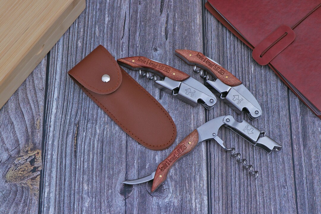 Personalized Corkscrew Engraved Wine Opener With Holster Wood Handle