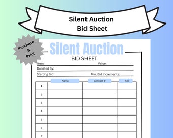 Printable Silent Auction Bid Sheet, Silent Auction Sign up sheet, Fundraiser Sheet, Silent auction bidding sheet, Printable Auction Sheet