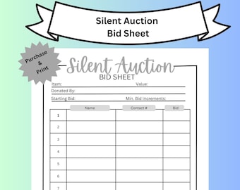 Printable Silent Auction Bid Sheet, Silent Auction Sign up sheet, Fundraiser Sheet, Silent auction bidding sheet, Printable Auction Sheet