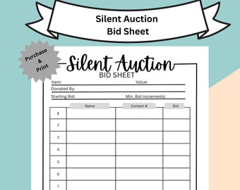 Printable Silent Auction Bid Sheet, Silent Auction Sign up sheet, Fundraiser Sheet, Silent auction bidding sheet, Printable Auction Sheet