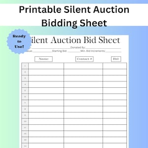 Printable Silent Auction Bid Sheet, Silent Auction Sign Up Sheet, Silent Auction Bidding Sheet,  Auction Bid Sheet, Fundraiser Ideas