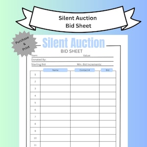 Printable Silent Auction Bid Sheet, Silent Auction Sign up sheet, Fundraiser Sheet, Silent auction bidding sheet, Printable Auction Sheet