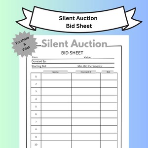 Printable Silent Auction Bid Sheet, Silent Auction Sign up sheet, Fundraiser Sheet, Silent auction bidding sheet, Printable Auction Sheet