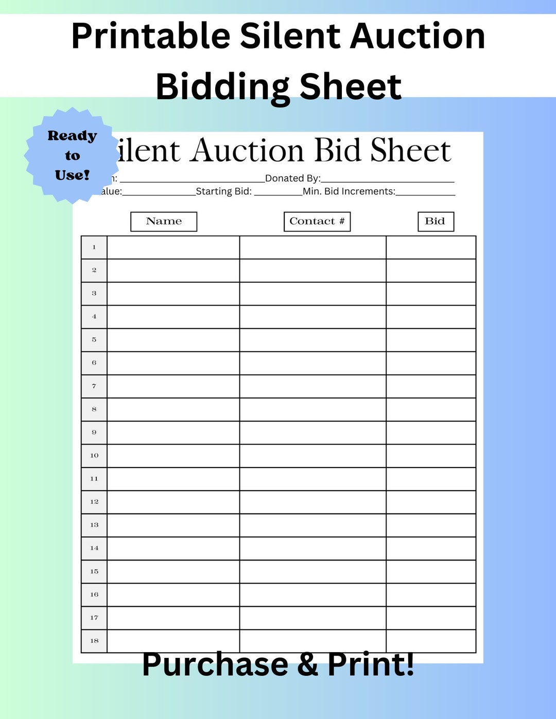 Printable Silent Auction Bid Sheet, Silent Auction Sign up Sheet, Silent Auction Bidding Sheet ...