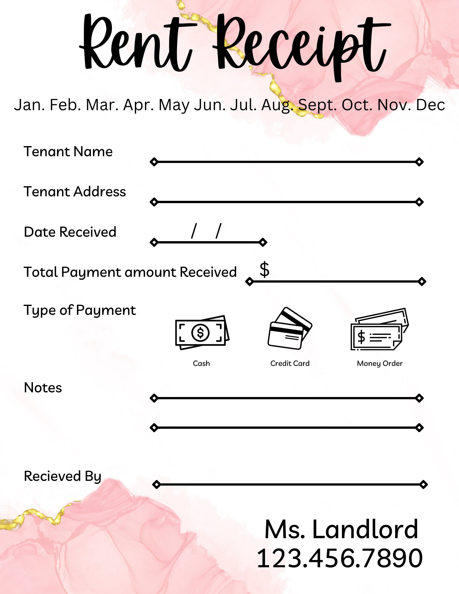 Rent Receipt, Rental Receipt, Rent Receipt for Landlords, Editable Rent ...