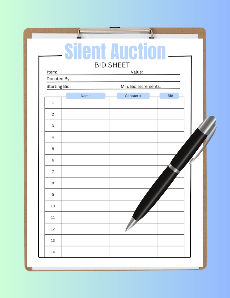 Printable Silent Auction Bid Sheet, Silent Auction Sign up Sheet, Fundraiser Sheet, Silent ...