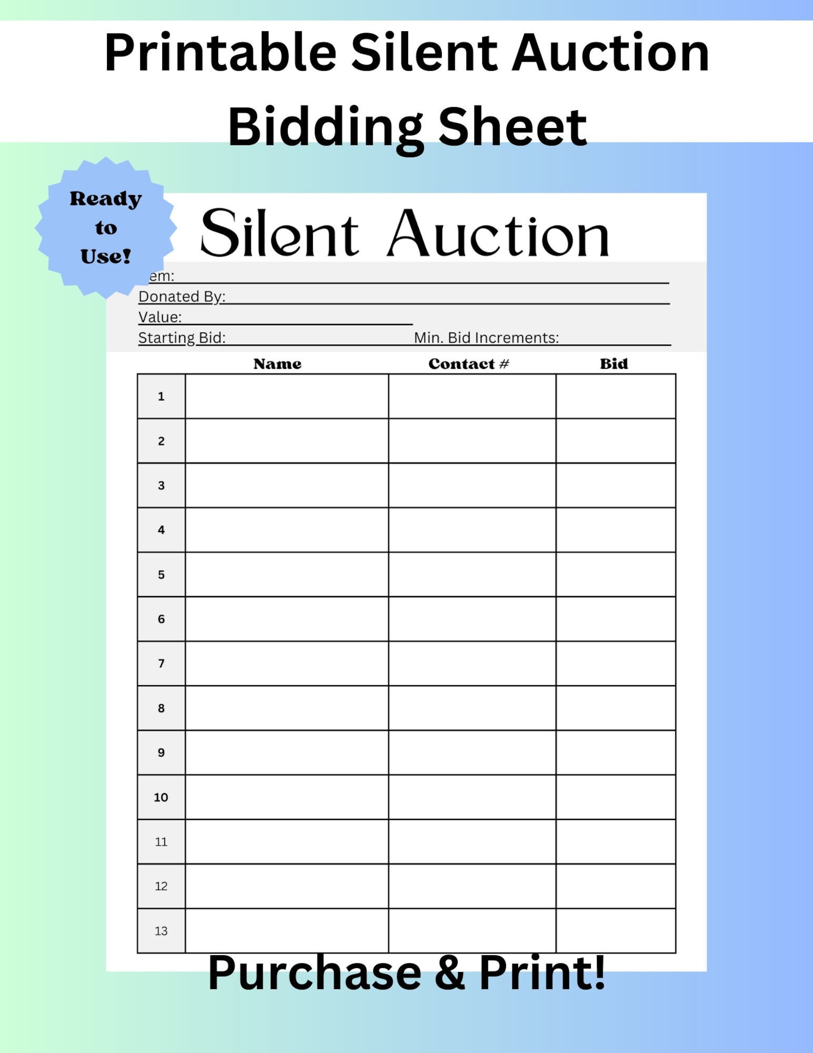 Printable Silent Auction Bid Sheet, Silent Auction Sign up Sheet, Fundraiser Sheet, Silent ...